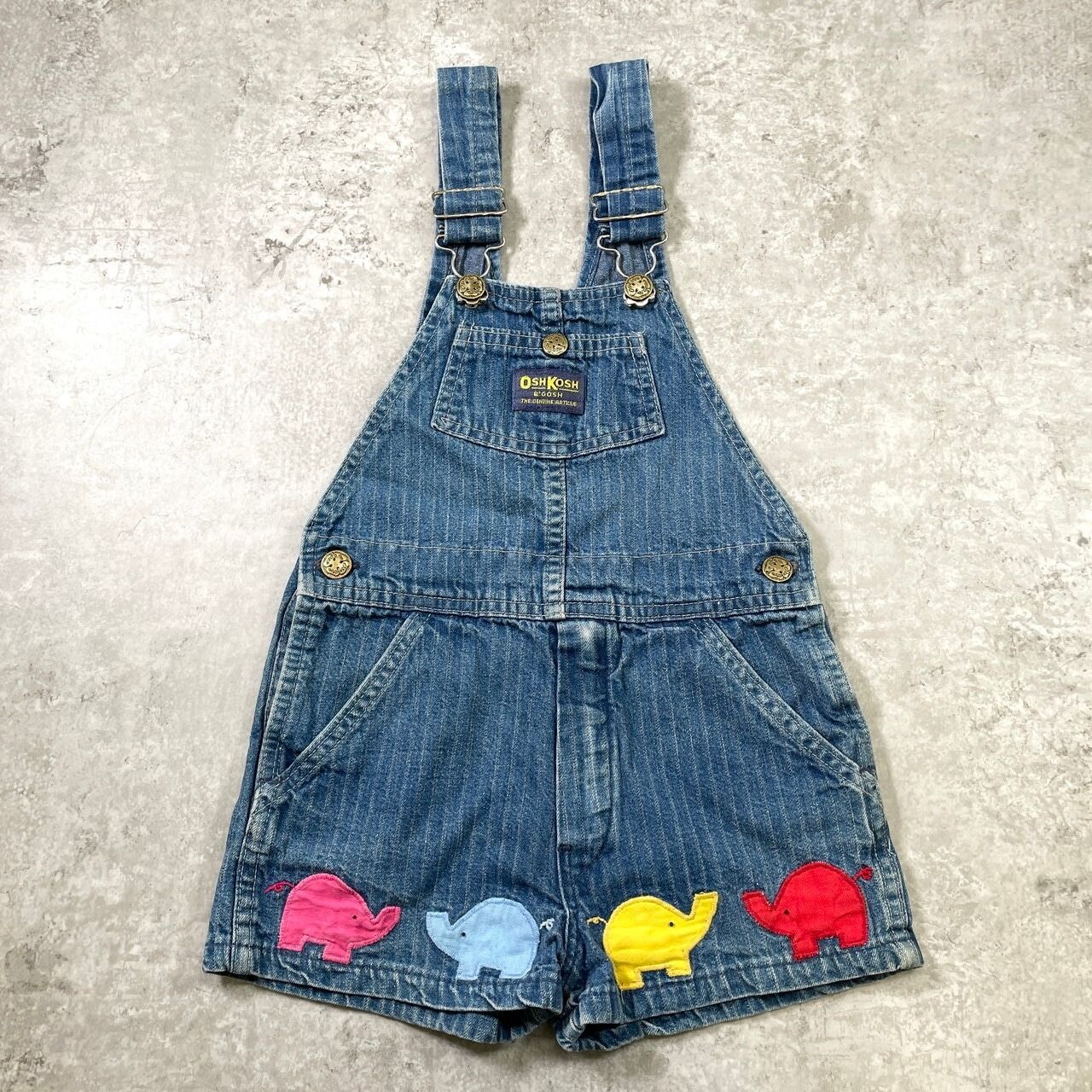kids 80年代頃 USA製 OSHKOSH オシュコシュ デニム ゾウさんアップリケ ショート丈 オーバーオール キッズ6歳 120cm相当 古着 80s VINTAGE 42TALON レジスターマークなし ヴィンテージ 子供服 ベビー服