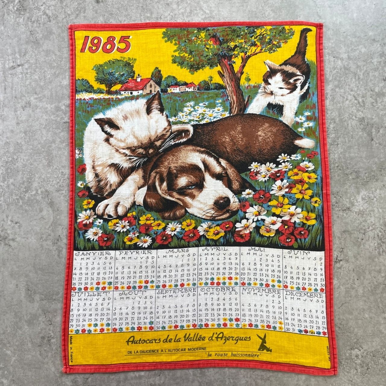 80年代 フランス製 キャット ドッグ アニマル カレンダー タペストリー