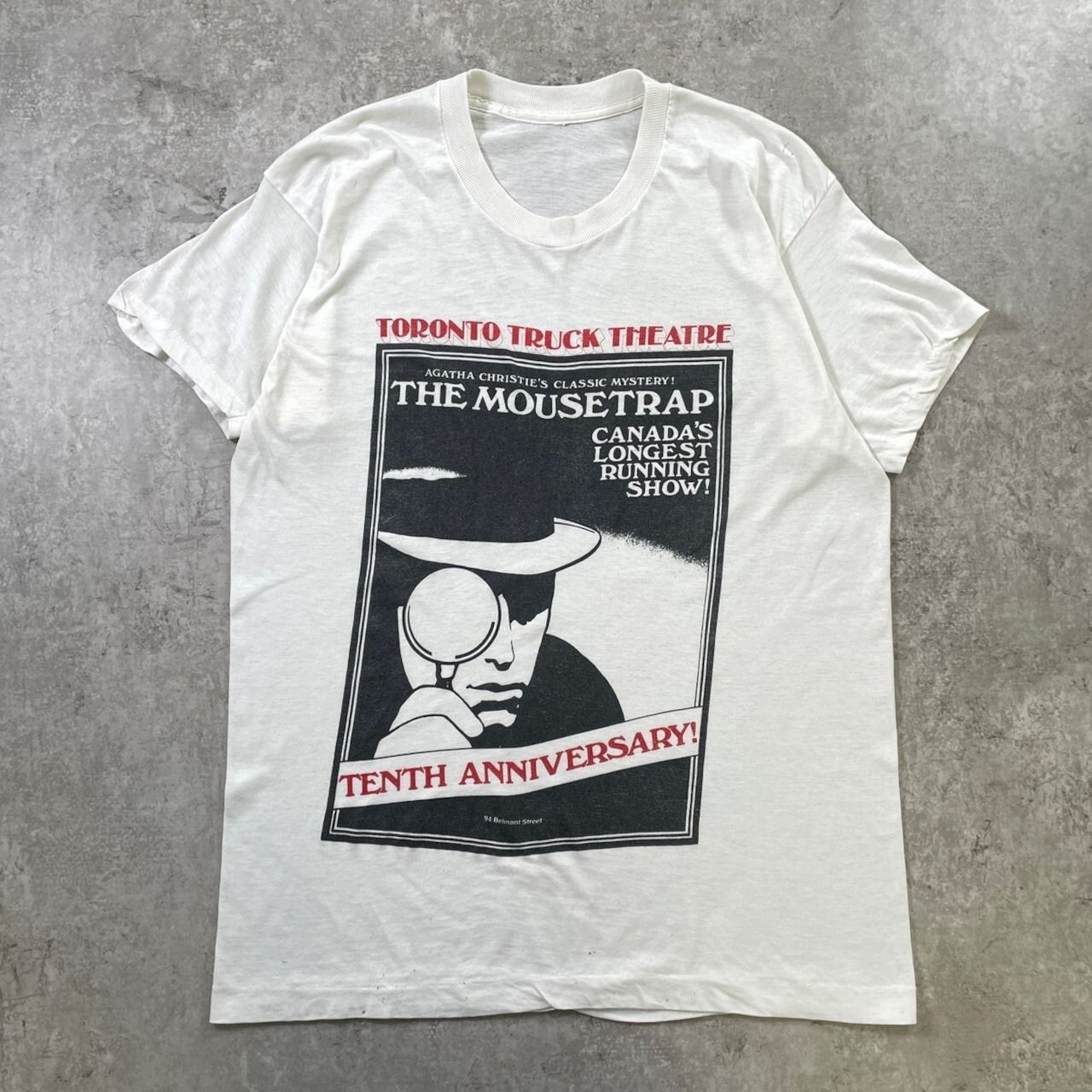 80年代 THE MOUSETRAP ねずみとり 映画 ムービープリントTシャツ メンズM相当 古着 80s VINTAGE ヴィンテージ アガサクリスティー Agatha Christie シングルステッチ ミュージカル 舞台 劇 白