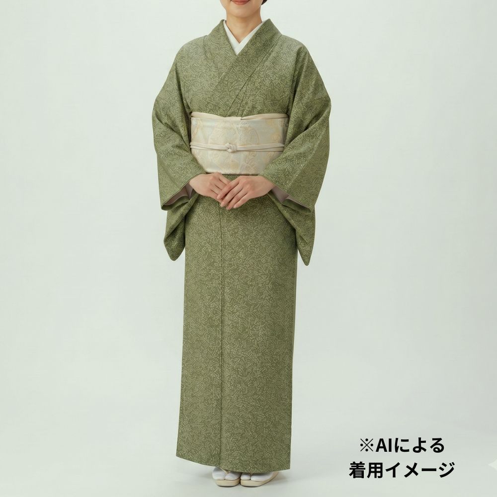 リユース【未使用・しつけ糸付き】 江戸小紋 型染め モスグリーン 蔓草