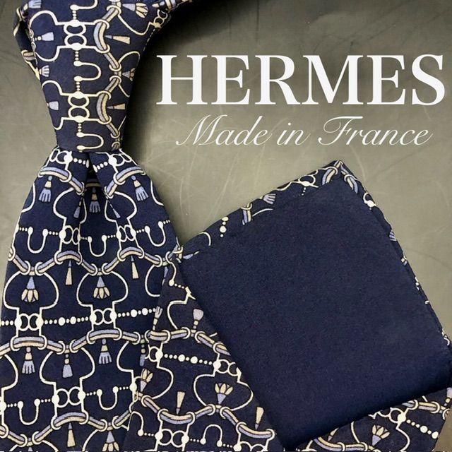 HERMES ネクタイ ネイビー 紺 ブルー 青 総柄 エルメス柄 鎖 タッセル