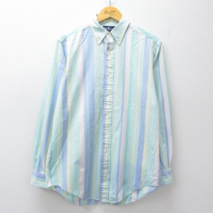 L/古着 ラルフローレン 長袖 ブランド シャツ メンズ 90年代 90s ワンポイントロゴ コットン ボタンダウン 薄緑系他 ストライプ【spe】 26apr14