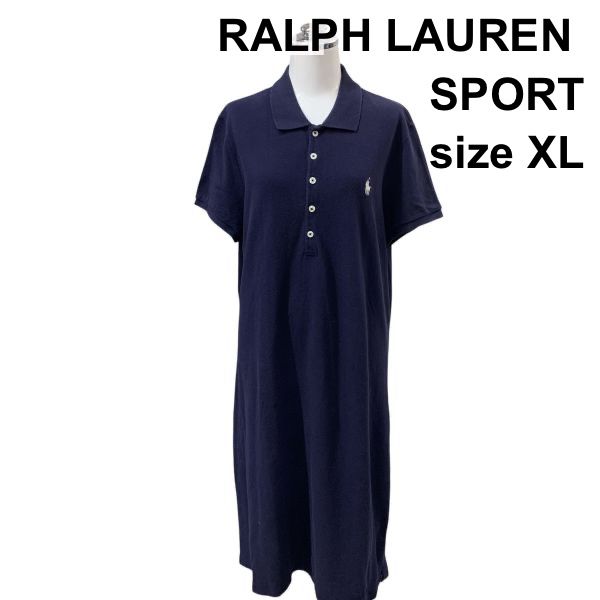 □ ラルフローレンスポーツ RALPH LAUREN ロングワンピース ポロカラー 半袖 プルオーバー ロゴ刺繍 紺 綿100% XL 13号 レディース Z6C113