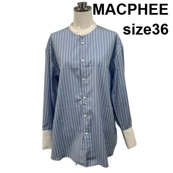 B559/美品 MACPHEE 長袖シャツ ストライプ バンドカラー 36 青 ◇ マカフィー MACPHEE バンドカラーシャツ ブラウス 長袖 ストライプ