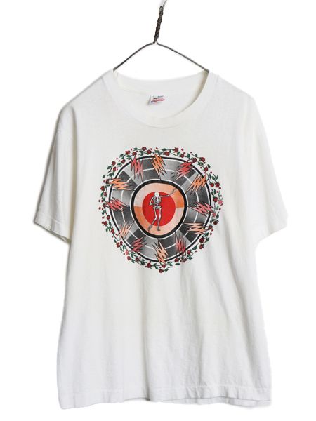 90s USA製 ★ グレイトフルデッド スカル イラスト プリント Tシャツ メンズ L 古着 オールド 当時物 バンド ロック 薔薇 キャラクター 白