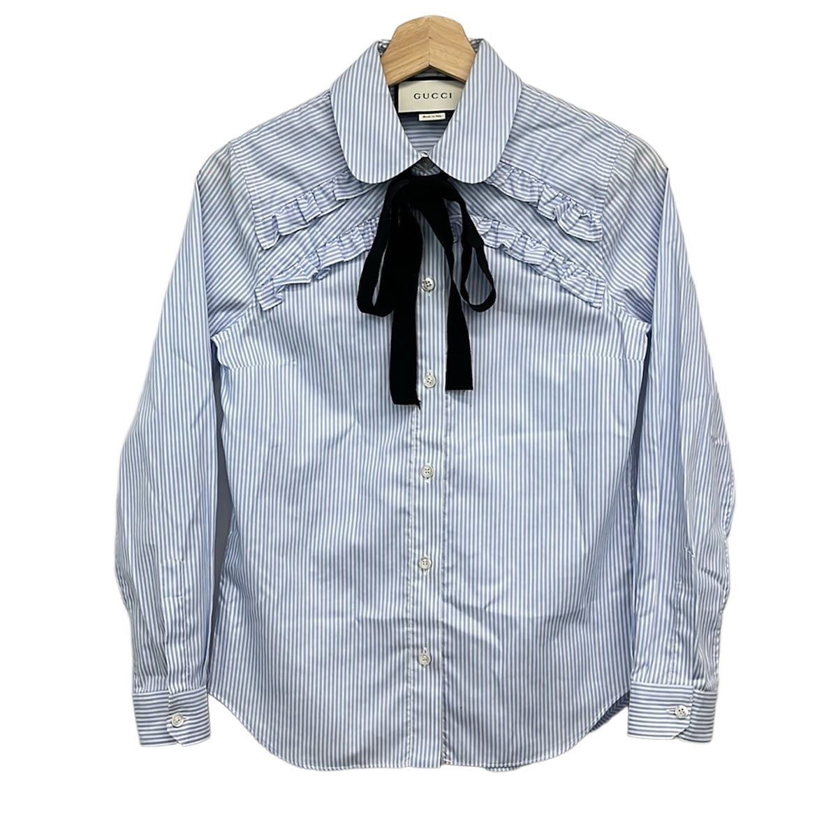 GUCCI(グッチ) 長袖シャツブラウス サイズ38 S レディース - 448863 Z338B 白×ライトブルー ストライプ/フリル