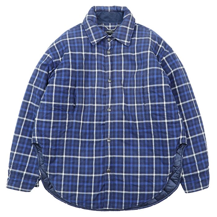 BALENCIAGA バレンシアガ キルティングシャツジャケット サイズ 46 メンズ チェック フランネル コットン100% オーバーサイズ スナップボタン パデッド ライト アウター ブルー系 青 ポーランド製
