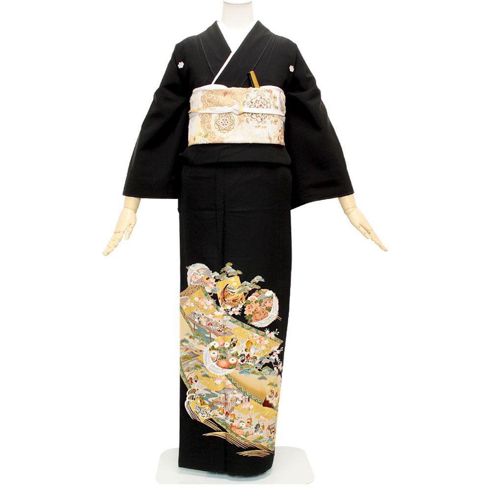 礼装用　黒留袖　物語絵に菊と鶴文　着物単品　【結婚式、披露宴などの祝い事に】旧レンタル商品