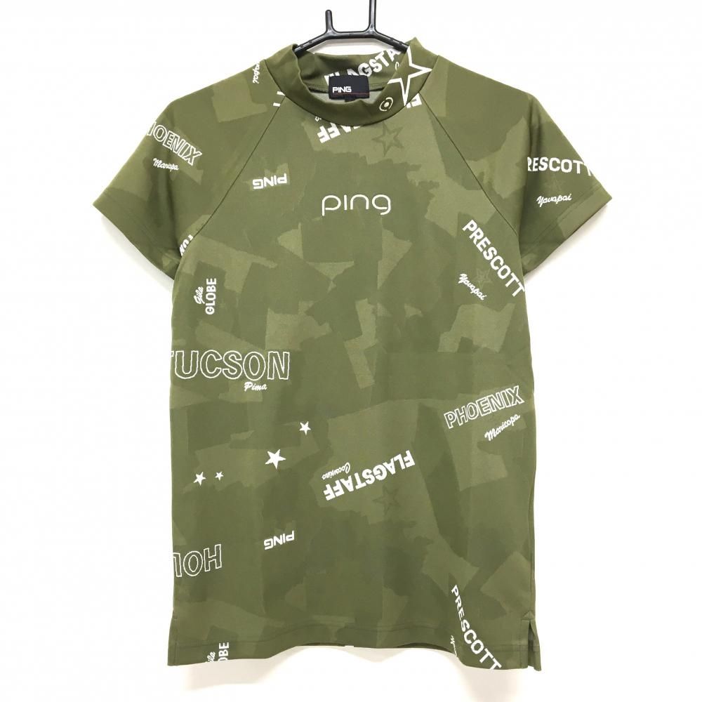 【超美品】ピン 半袖ハイネックシャツ カーキ×白 地模様 英字柄 ネックロゴ レディース L ゴルフウェア PING 5,693円