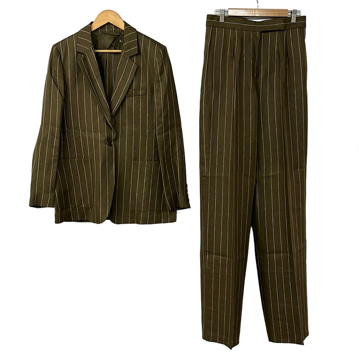 Max Mara(マックスマーラ) レディースパンツスーツ レディース美品 - カーキ×白 麻/ストライプ