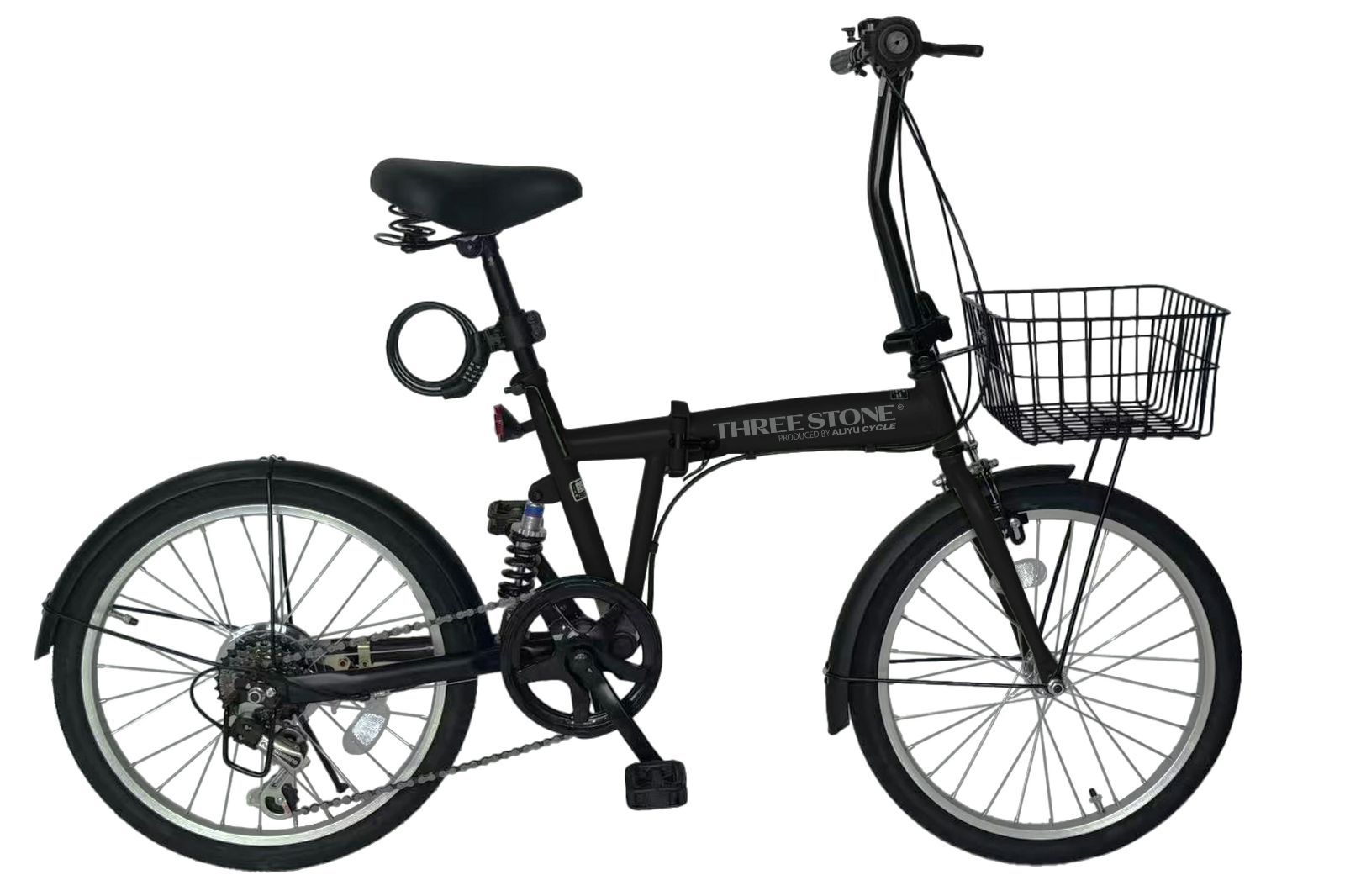 【訳あり】アウトレット 折りたたみ自転車 20インチ[EB-020]マットブラック 自転車 シマノ社製外装6段ギア リアサスペンション 前カゴ フェンダー ペダル 片足スタンド 反射板 付き 【プレゼント：LEDライト ロック錠】