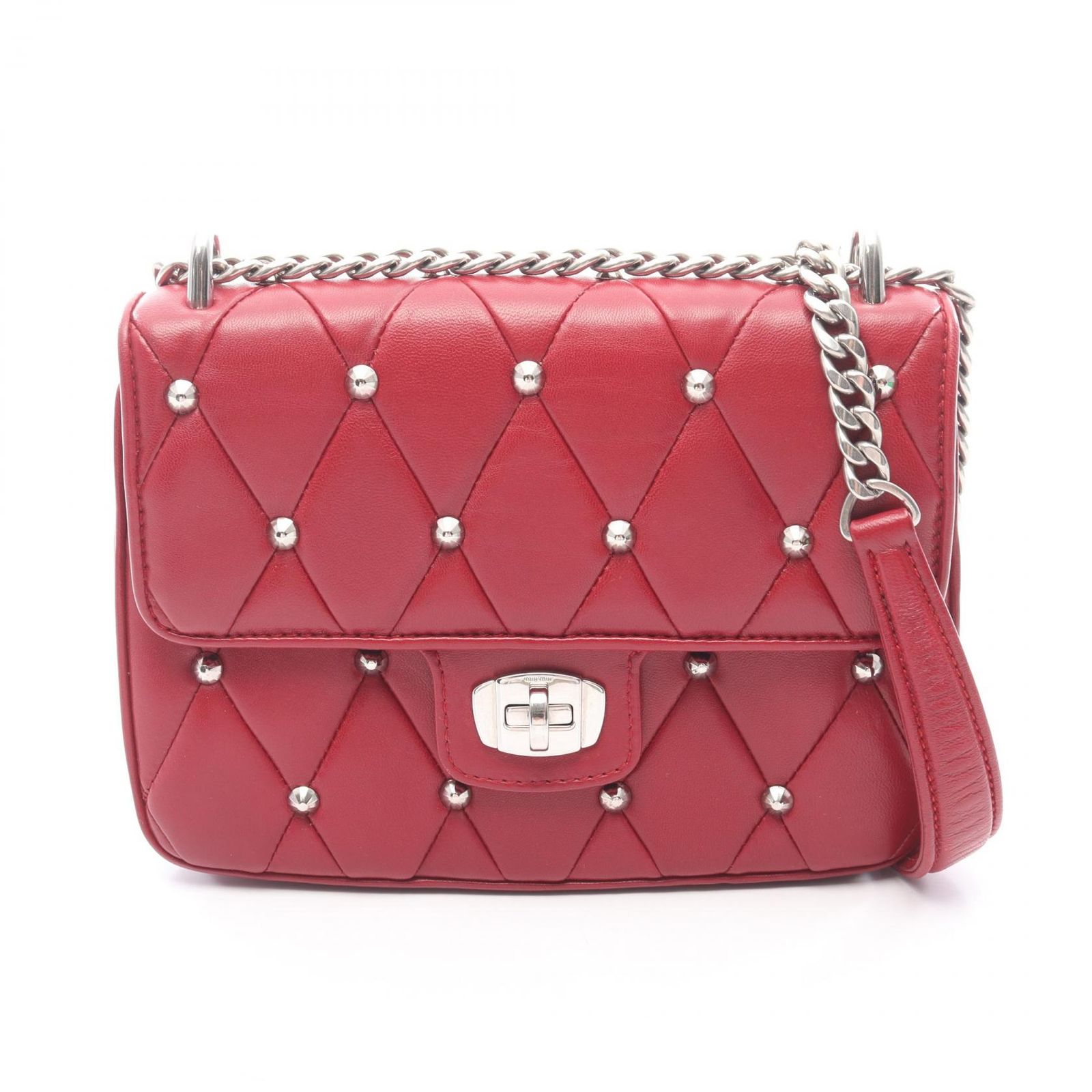ミュウ ミュウ Miu Miu ショルダーバッグ キルティング スタッズ レッド レザー スタッズ付 チェーンショルダー レディース Used A