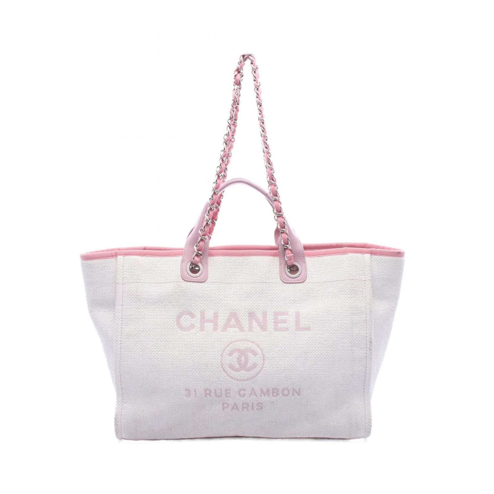 シャネル CHANEL トートバッグ ドーヴィルGM ホワイト/ピンク キャンバス レザー ドーヴィル 2wayチェーントートGM レディース Used B