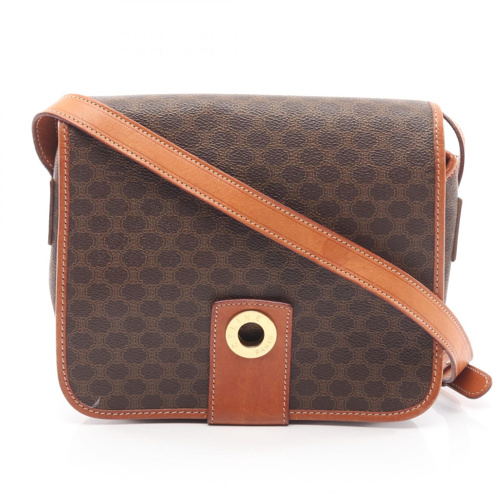 セリーヌ CELINE ショルダーバッグ マカダム サークルロゴ ダークブラウン PVCコーティングキャンバス レザー マカダム ショルダーバッグ レディース Used B