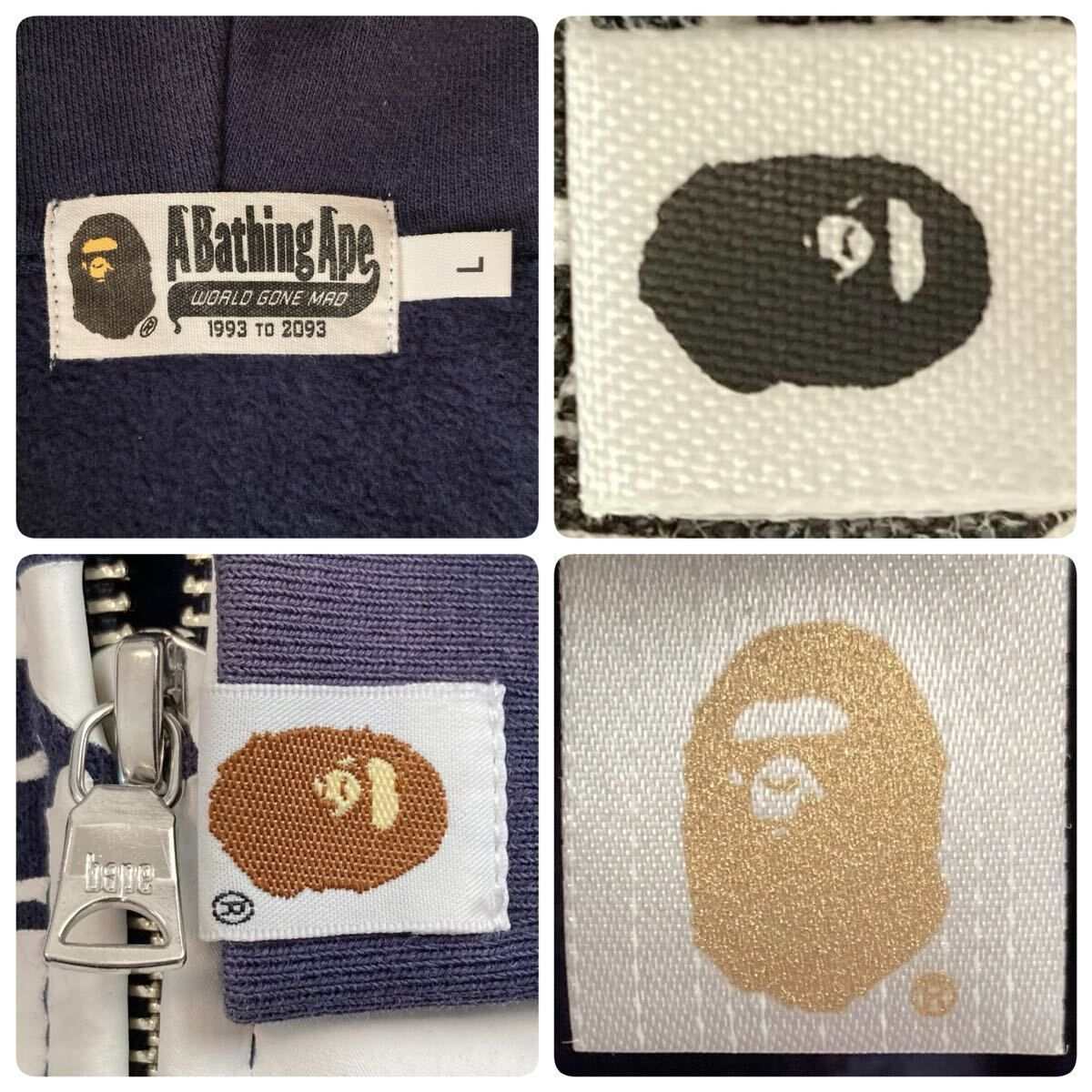 S*K様 正規品 A BATHING APE カレッジファーパーカー S ネイビ カレッジロゴ フルジップ パーカー Lサイズ ネイビー a bathing ape