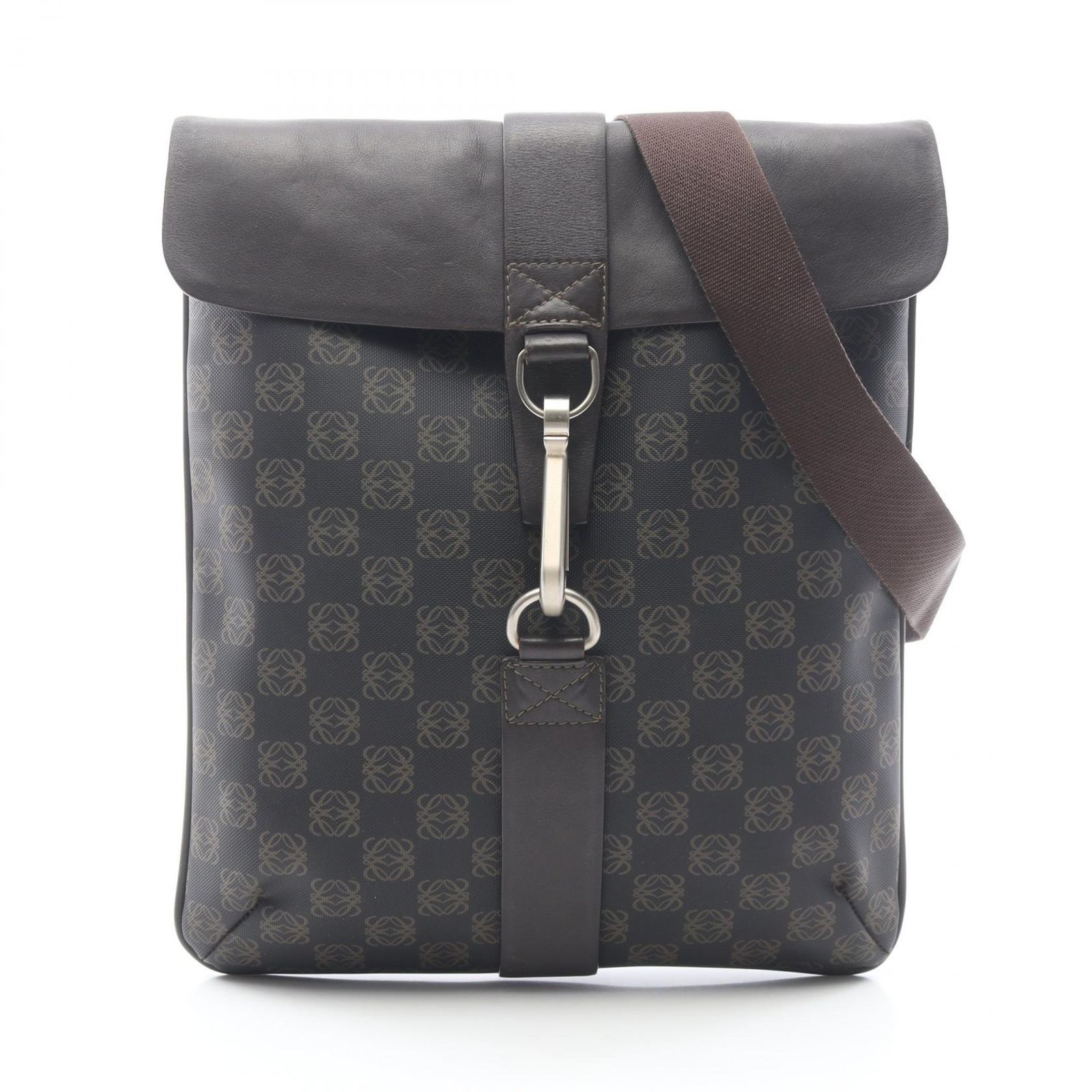 ロエベ LOEWE ショルダーバッグ アナグラム ダークブラウン PVCコーティングキャンバス レザー アナグラム ショルダーバッグ ユニセックス Used A