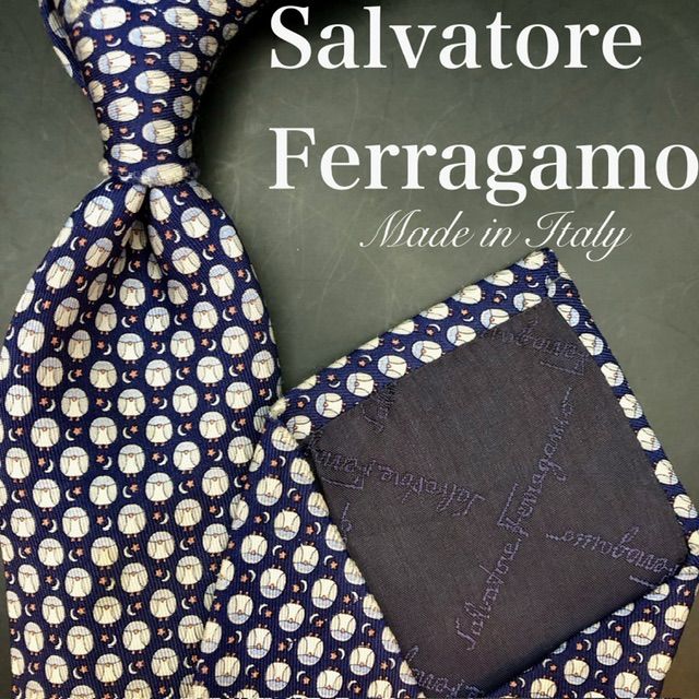 Salvatore Ferragamo ネクタイ ネイビー 野球 星 月 小紋柄