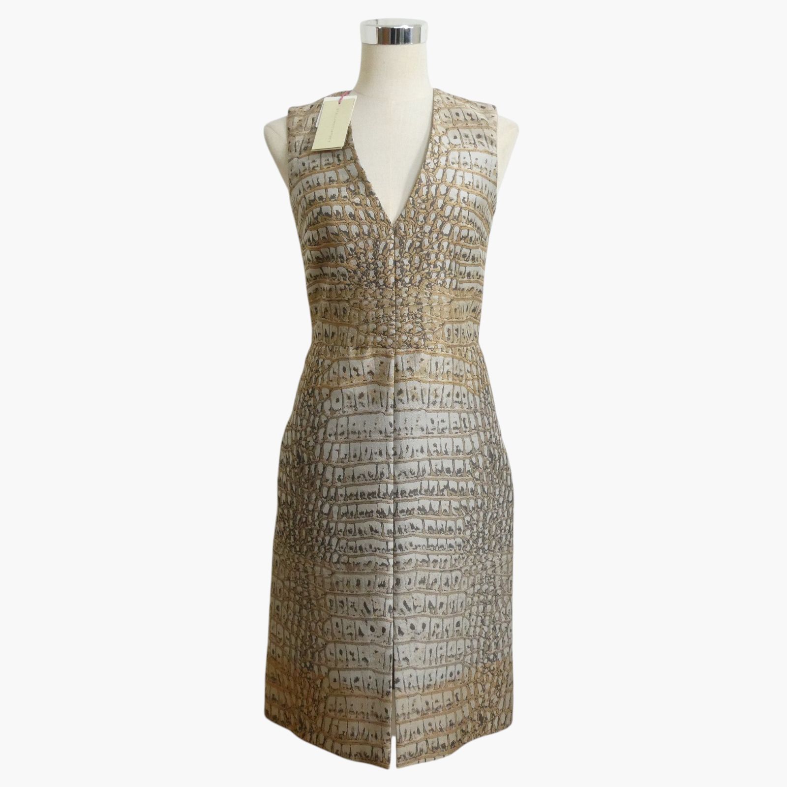 未使用 STELLA McCARTNEY ステラマッカートニー クロコダイル柄 総柄 ワンピース クロックドレス ノースリーブ Vネック 膝丈 ポリエステル×シルク ブラウン系 サイズ38 レディース