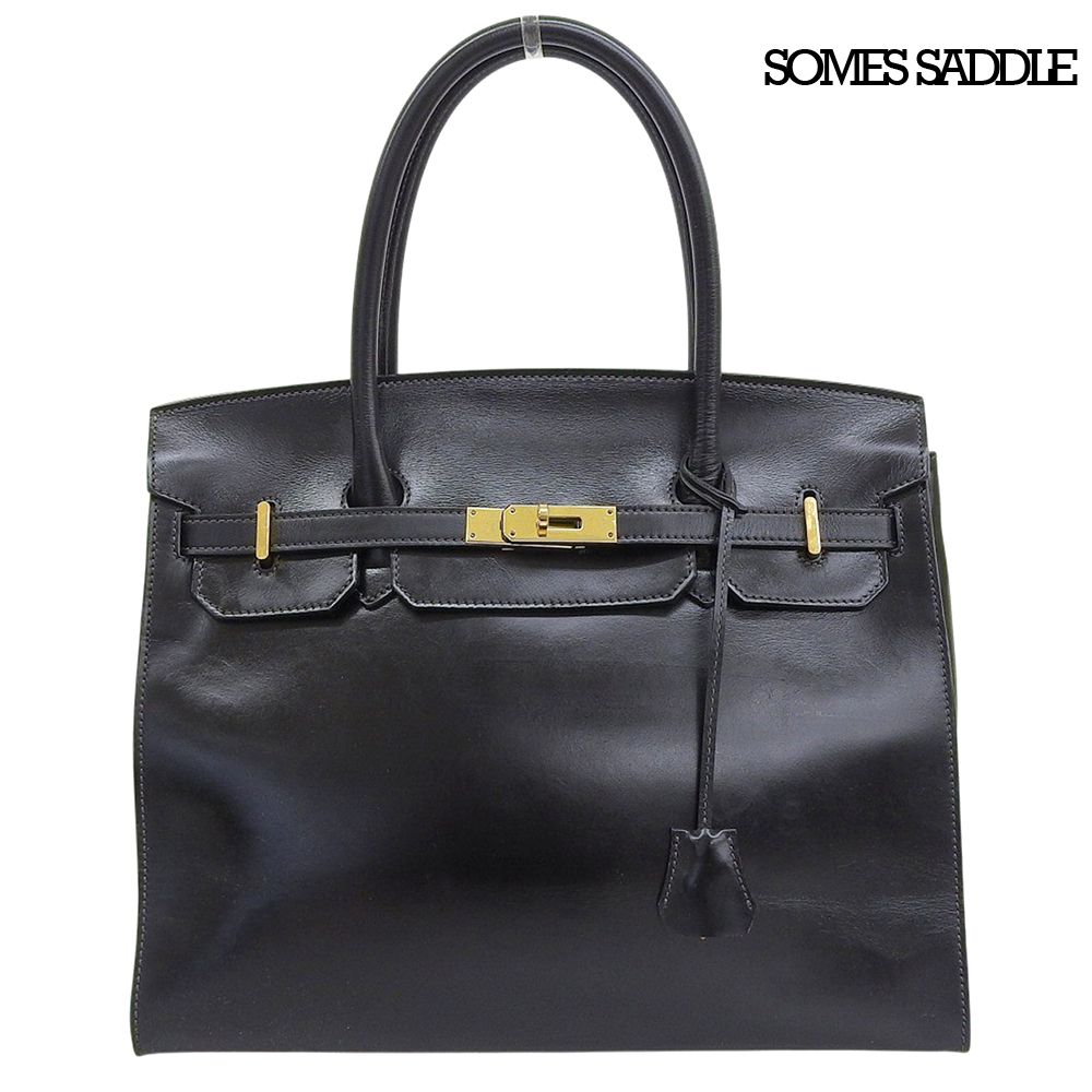 超美品 ソメスサドル SOMES SADDLE レザー ベルト デザイン ゴールド金具 ハンドバッグ トート A4収納 黒 ブラック