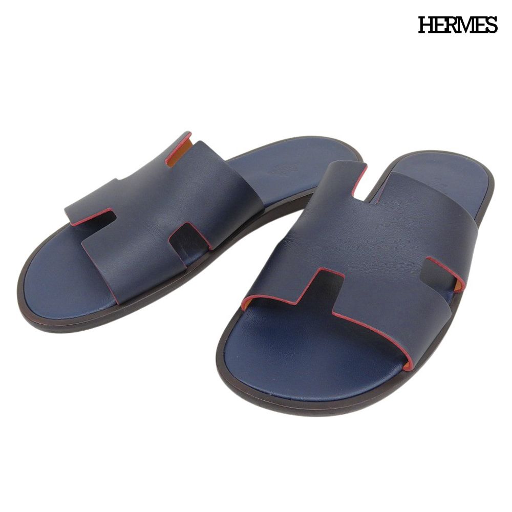 美品 エルメス HERMES 現行 イズミール レザー フラットサンダル コントラスト カラー ネイビー サイズ41 定価134200円