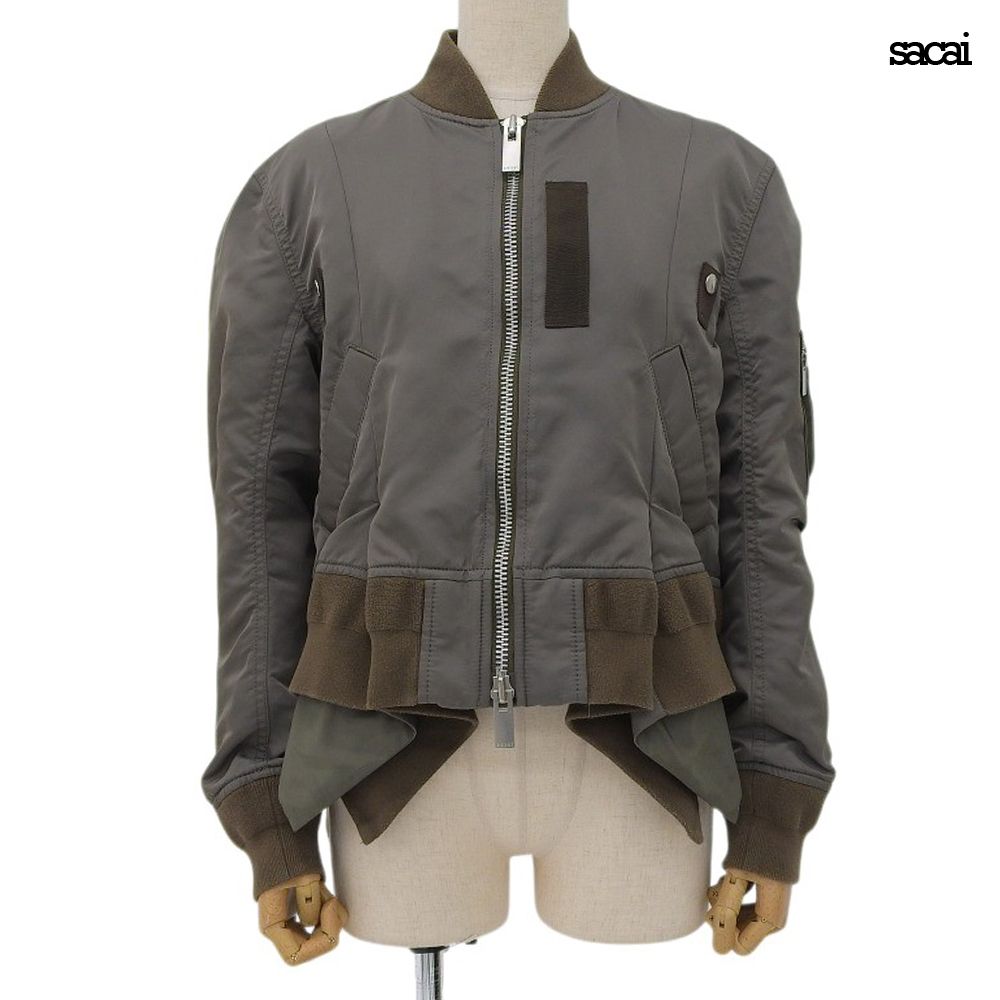 超美品 サカイ Sacai 24-07083 ナイロン コットン ボンバー ツイル ジャケット 変形MA-1 ブルゾン カーキ サイズ1 レディース