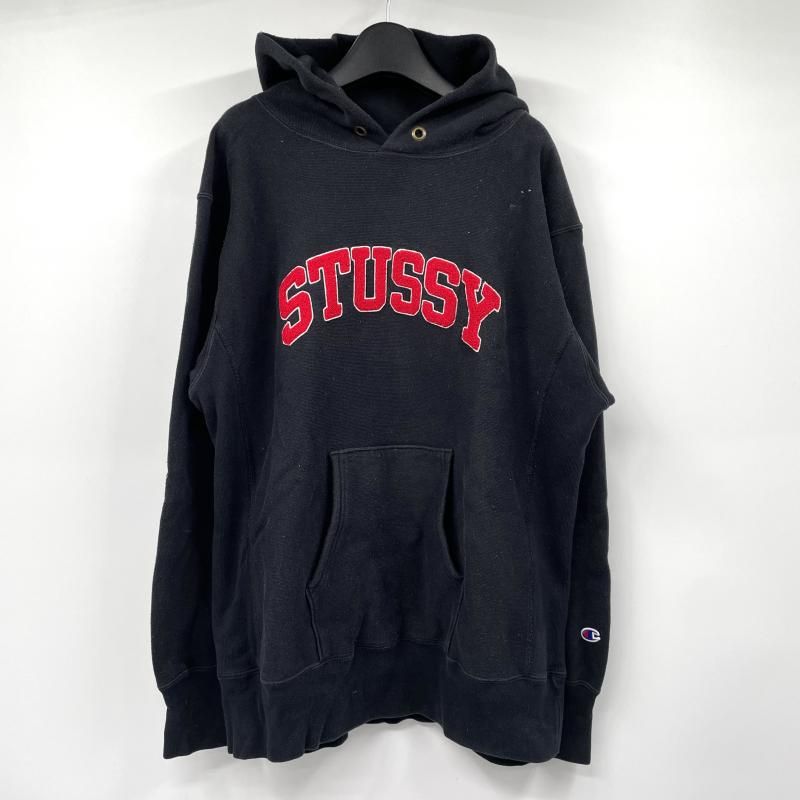 【中古】▲紐欠品 STUSSY×Champion リバースウィーブ サイズXL ブラック C8-J156 パーカー ステューシー×チャンピオン[17]