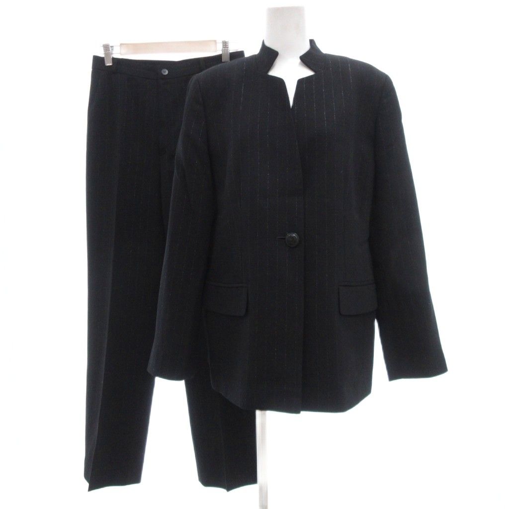 ヒサシホシノ hisashi hosono セットアップ ジャケット パンツ ウール 11 黒 ブラック ストライプ柄 ノーカラー 長袖 /SC ■ECF004