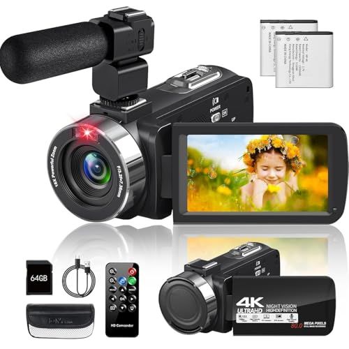 ビデオカメラ4K動画8000万画像数YouTubeカメラ ウェブカメラ 18倍デジタルズーム270度回転 3.0インチ IR赤外線暗視Vlogカメラ 一時停止機能タイムラプス＆スローモーション検知 LEDフィルライトリモコン付き 予備バッテリ fb0100c0