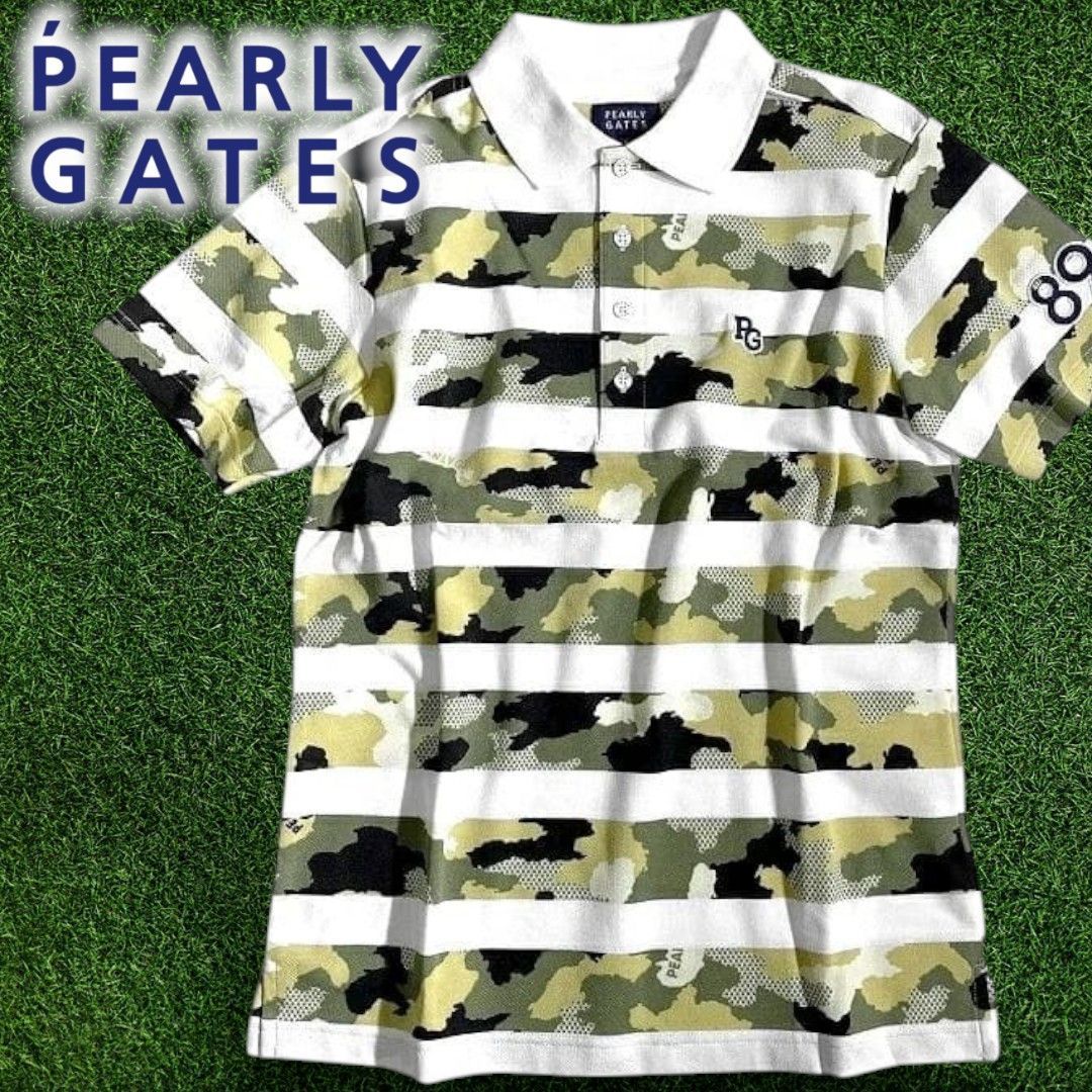 PEARLY GATES パーリーゲイツ ゴルフ 日本製 吸水速乾 カモ柄 ボーダー柄 迷彩柄 半袖 ポロシャツ ゴルフウェア 053-2160513 定価2.2万 カーキ ブラック ホワイト 4 ▲024▼50710w07