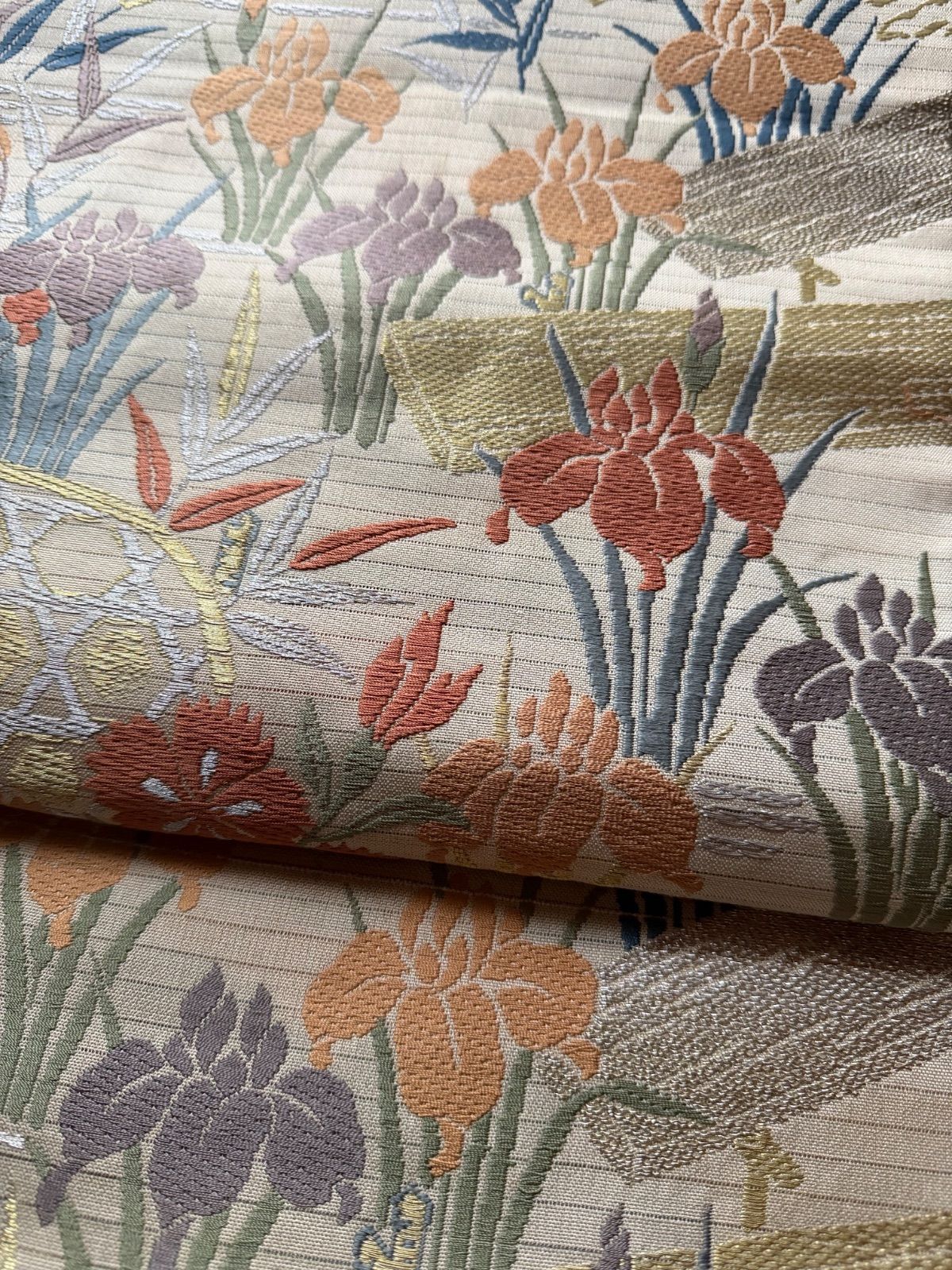 夏物　アンティーク帯　名古屋帯　刺繍　花々