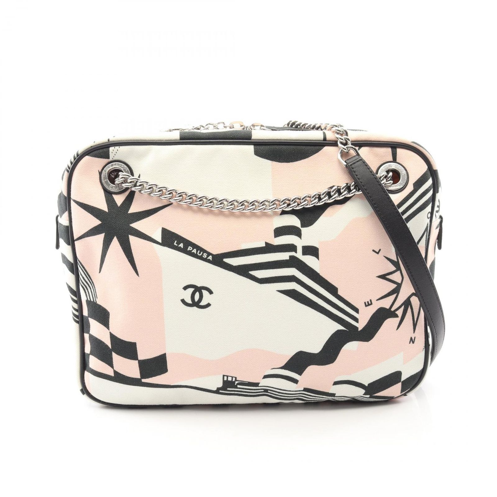 シャネル CHANEL ショルダーバッグ LA PAUSA ラパウザ クルーズライン ホワイト/ライトピンク キャンバス レザー LA PAUSA クルーズライン チェーンショルダー レディース