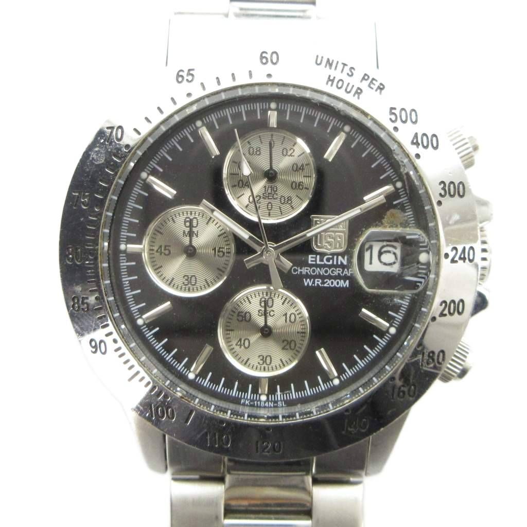 エルジン ELGIN FK-1184N-SL 腕時計 ウォッチ クォーツ クロノグラフ カレンダー付き 黒文字盤 シルバー色 ■GY18 /MQ