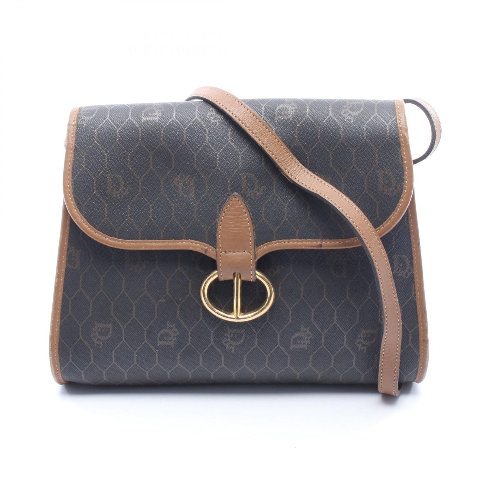 ディオール Dior ショルダーバッグ ハニカム ダークブラウン PVCコーティングキャンバス レザー ショルダーバッグ レディース Used B