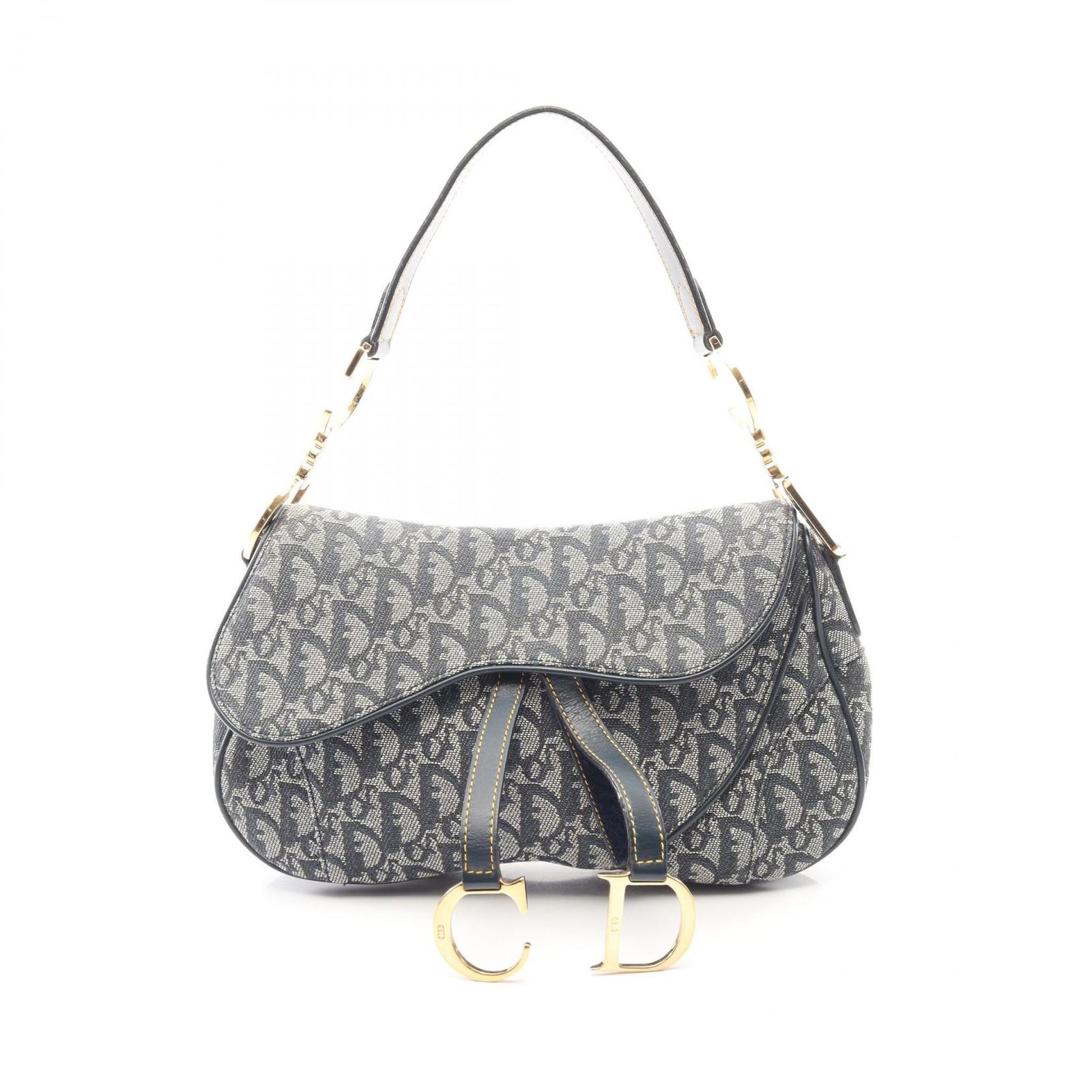 ディオール Dior ハンドバッグ ダブルサドルバッグ トロッター ネイビー キャンバス レザー トロッター ダブル サドルバッグ レディース Used A