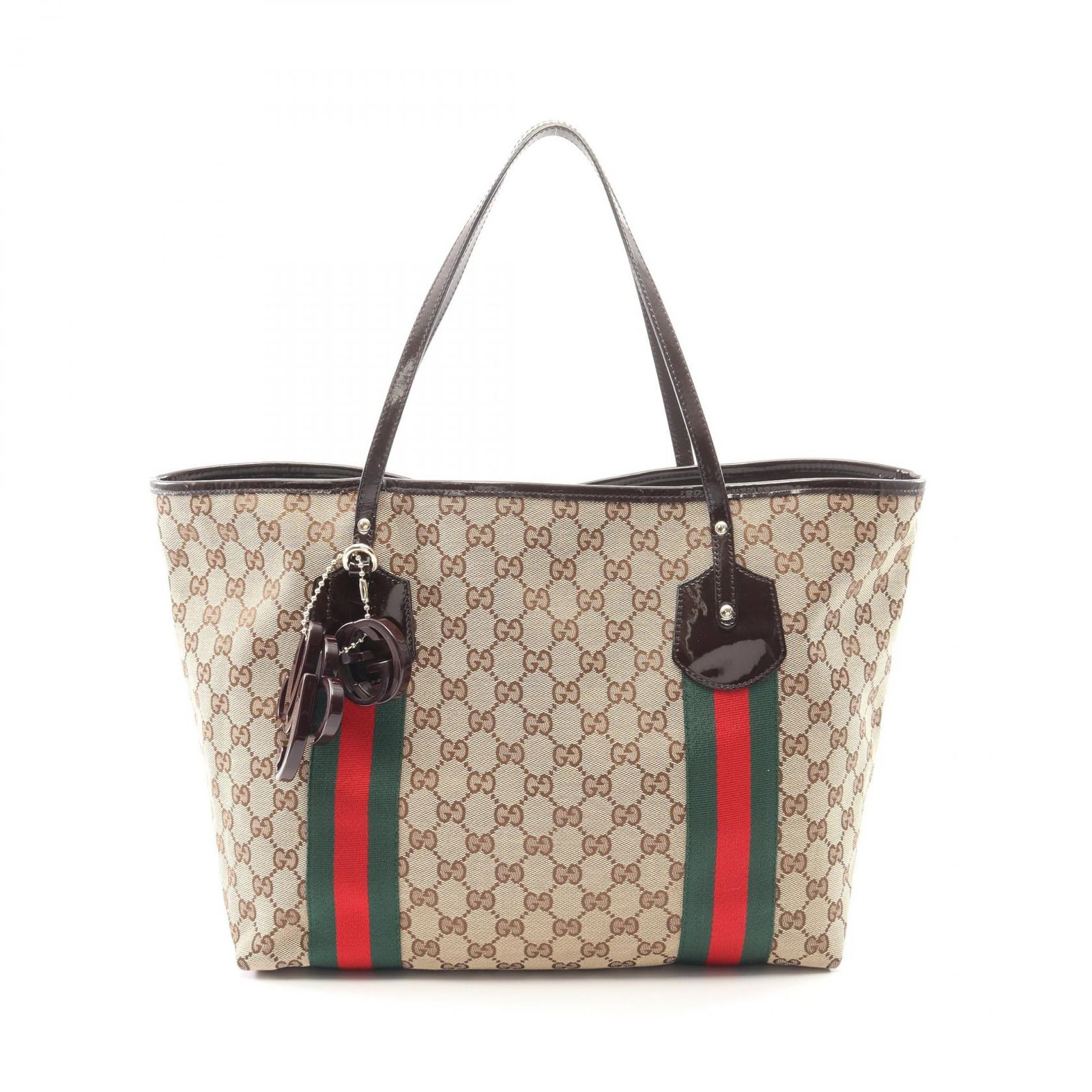グッチ GUCCI トートバッグ GGキャンバス シェリーライン 211970 ベージュ キャンバス パテントレザー シェリー トートバッグ レディース Used A