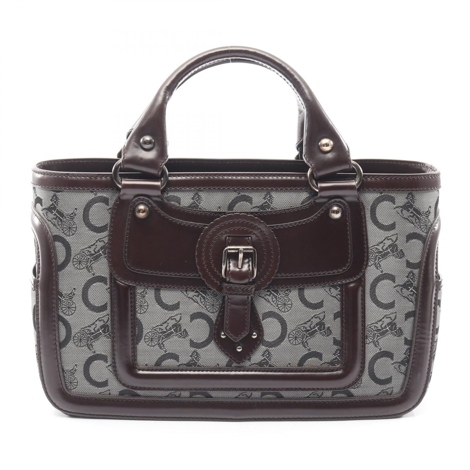 セリーヌ CELINE ハンドバッグ Cサルキー グレー/ダークブラウン キャンバス レザー ホース キャリッジ シグネチャー ハンドバッグ レディース Used A