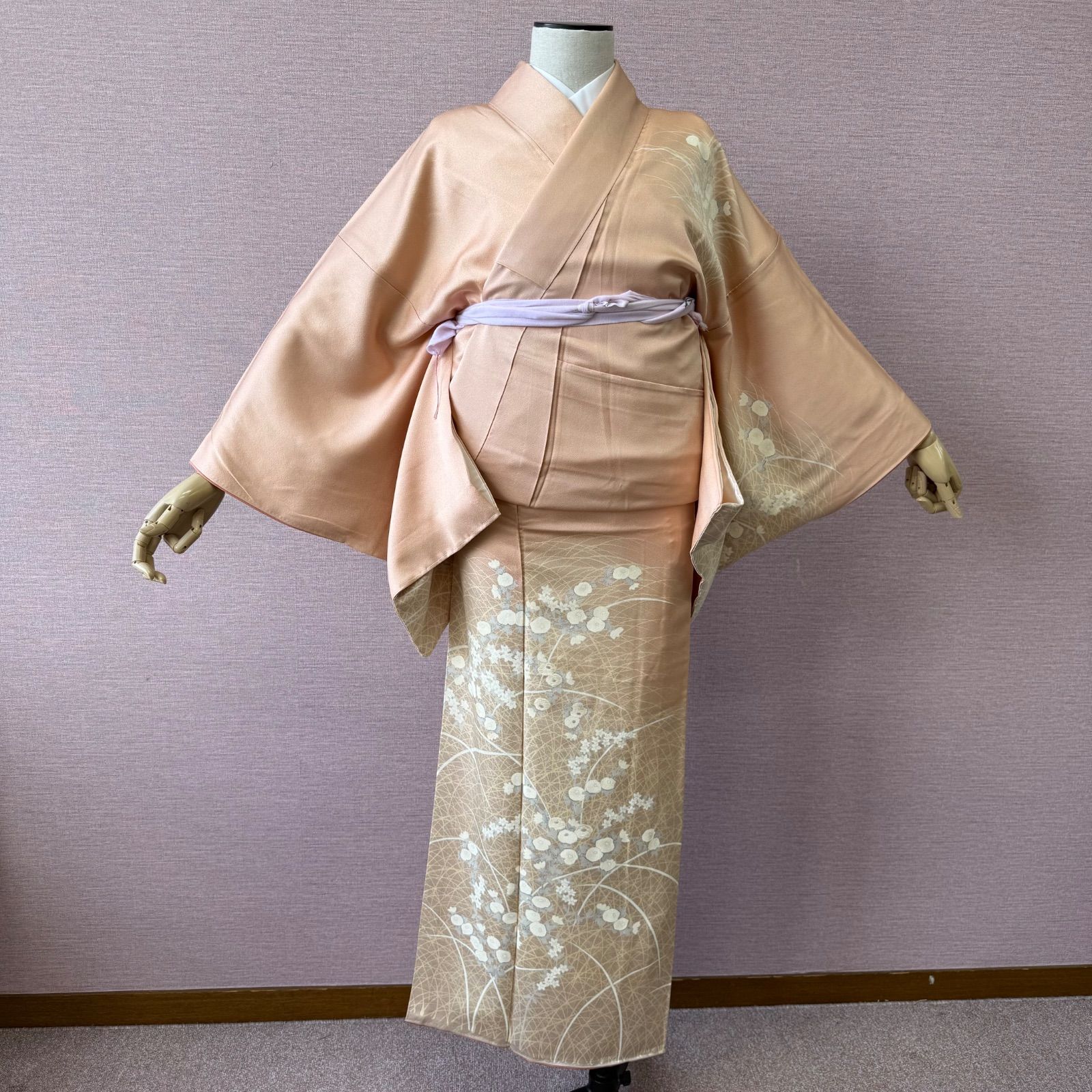 付け下げ 訪問着 着物 ピンク 光琳菊 芝草 リサイクル着物 h-1121