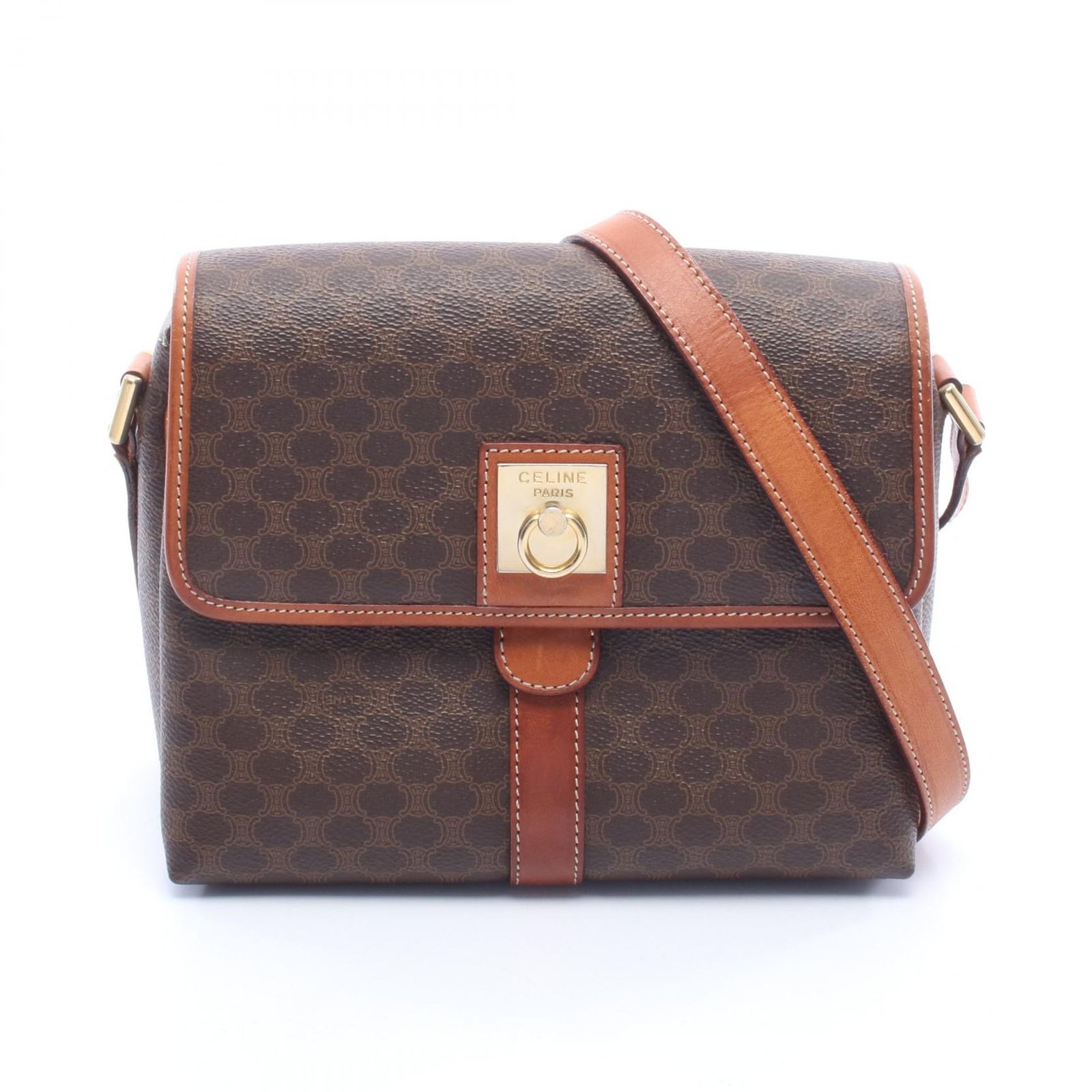 セリーヌ CELINE ショルダーバッグ マカダム ダークブラウン PVCコーティングキャンバス レザー マカダム ショルダーバッグ レディース Used A