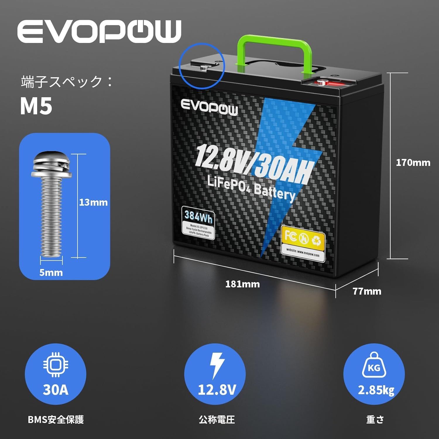 電池・充電池 12.8V 384Wh LiFePO4バッテリー 30Ah リン酸鉄リチウム 