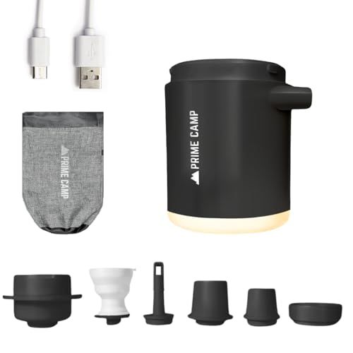 プライムキャンプ エアーポンプ 電動 空気入れ 超軽量 強力170L/分 【6つのノズル&ライト付】 エアポンプ 1360mAh大容量バッテリー USB充電式 空気抜き インフレーターマット キャンプ 浮き輪wb d1dc5cff