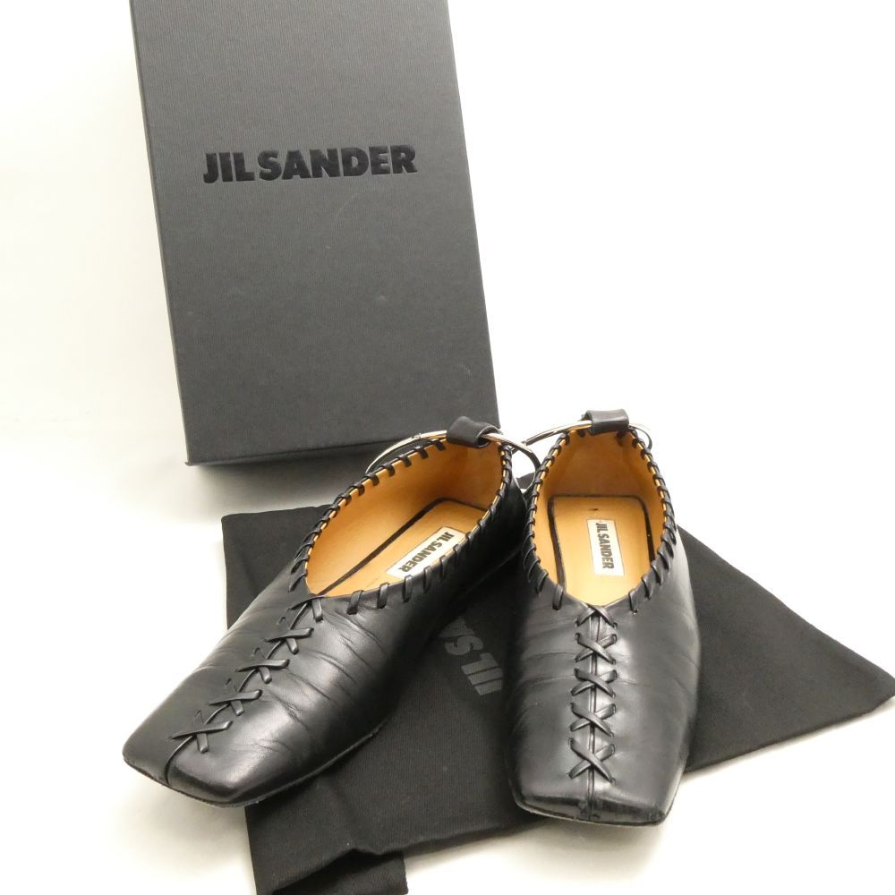 JIL SANDER ジルサンダー JS30217A レースアップレザー バレエシューズ 36 メタルアンクレット フラット スクエアトゥ レディース AN3252