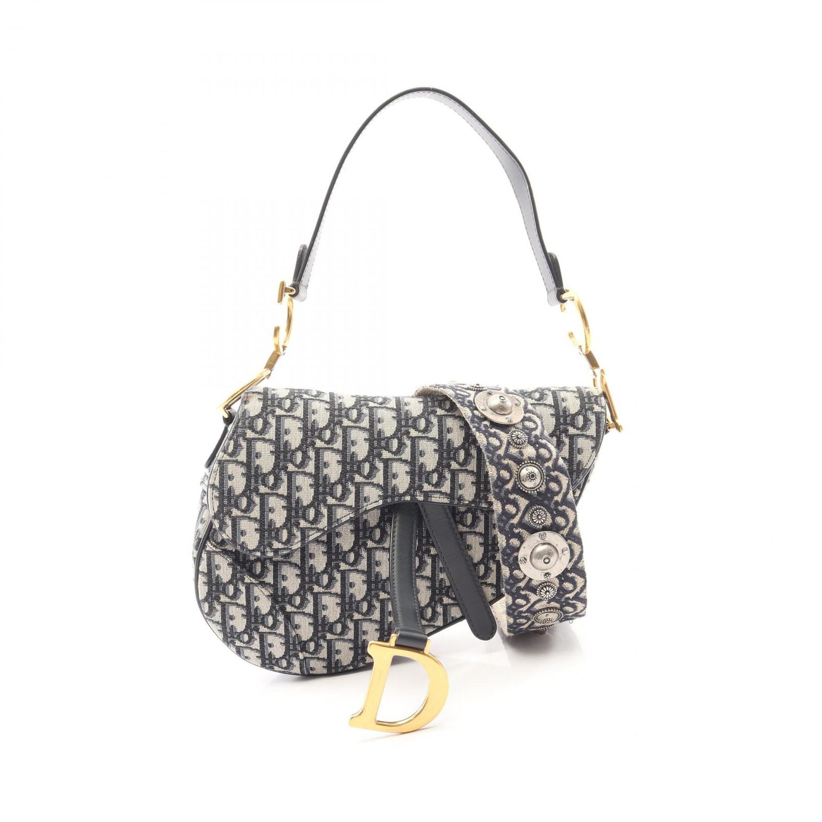 ディオール Dior ハンドバッグ サドルバッグ オブリークジャカード 2WAY M0446CTZQ-M928 ネイビー キャンバス レザー オブリーク サドルバッグ レディース Used A