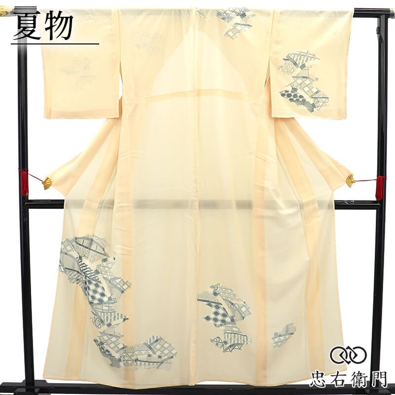 夏着物 絽付下げ 絽 付下げ レディース 正絹 ベージュ 蛇籠文 上品 身丈159.5cm 裄丈64cm パーティ 食事会 お茶会 式典 M ...