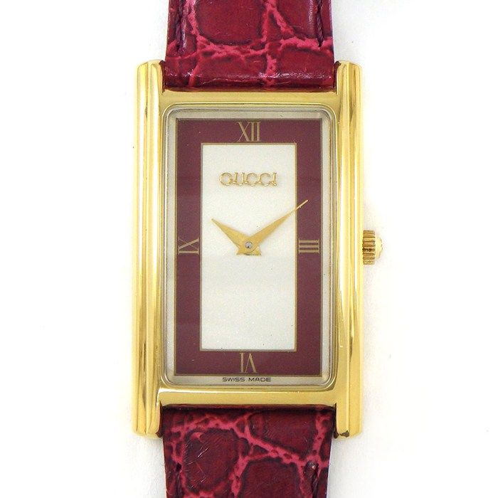 グッチ GUCCI 腕時計 レクタンギュラー 2600M ヴィンテージ シルバー/レッド文字盤 GP SS レッドレザーベルト クオーツアナログ 【中古】