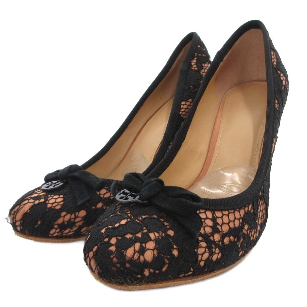 トリーバーチ TORY BURCH パンプス 6.5 23.5cm 黒 ブラック レース リボン ロゴ飾り /IL ■GY99