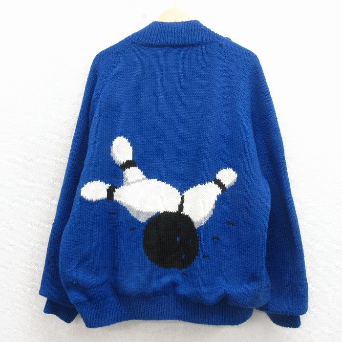 XL/古着 長袖 フルジップ カウチン ニット カーディガン メンズ 80年代 80s ボウリング 大きいサイズ ラグラン 青【spe】 26apr15