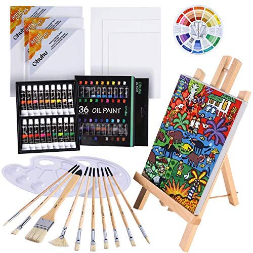 Ohuhu 油絵具 セット 56点セット 36色 油絵 油絵の具 絵画 画材 絵の具セット 初心者 大人 男の子 女の子 木製イーゼル 張りキャンバス 油彩筆 パレット カラーホイールY 335348a8