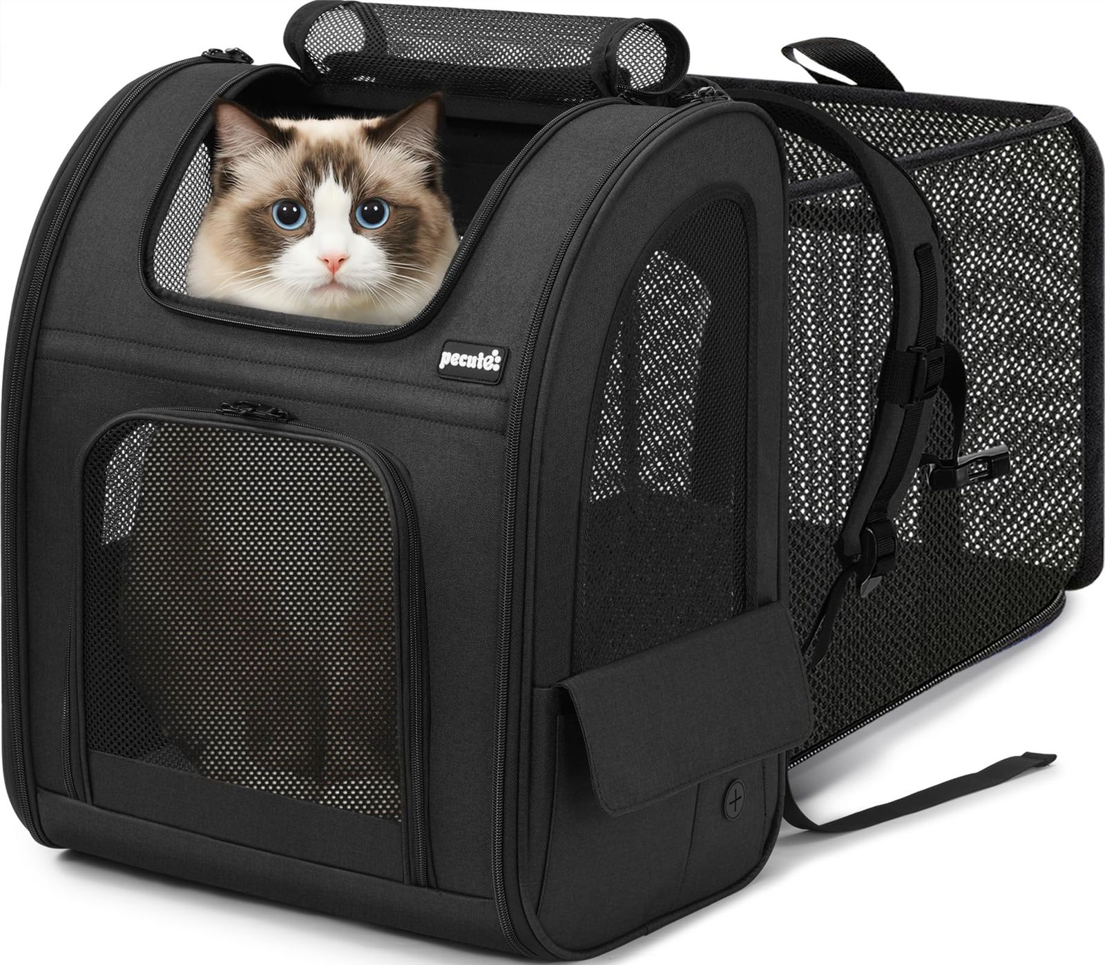 ☆新品☆Pecute 猫用 犬用 リュック ペット猫 キャリーバッグ通気性 拡張可能 2WAY 猫 キャリー リュックメッシュ窓 ペット猫 小中型犬用 バック 折り畳み お出かけ ドライブ 旅行 通院 防災 避難用 ペットキャリー ブラック 63a13685