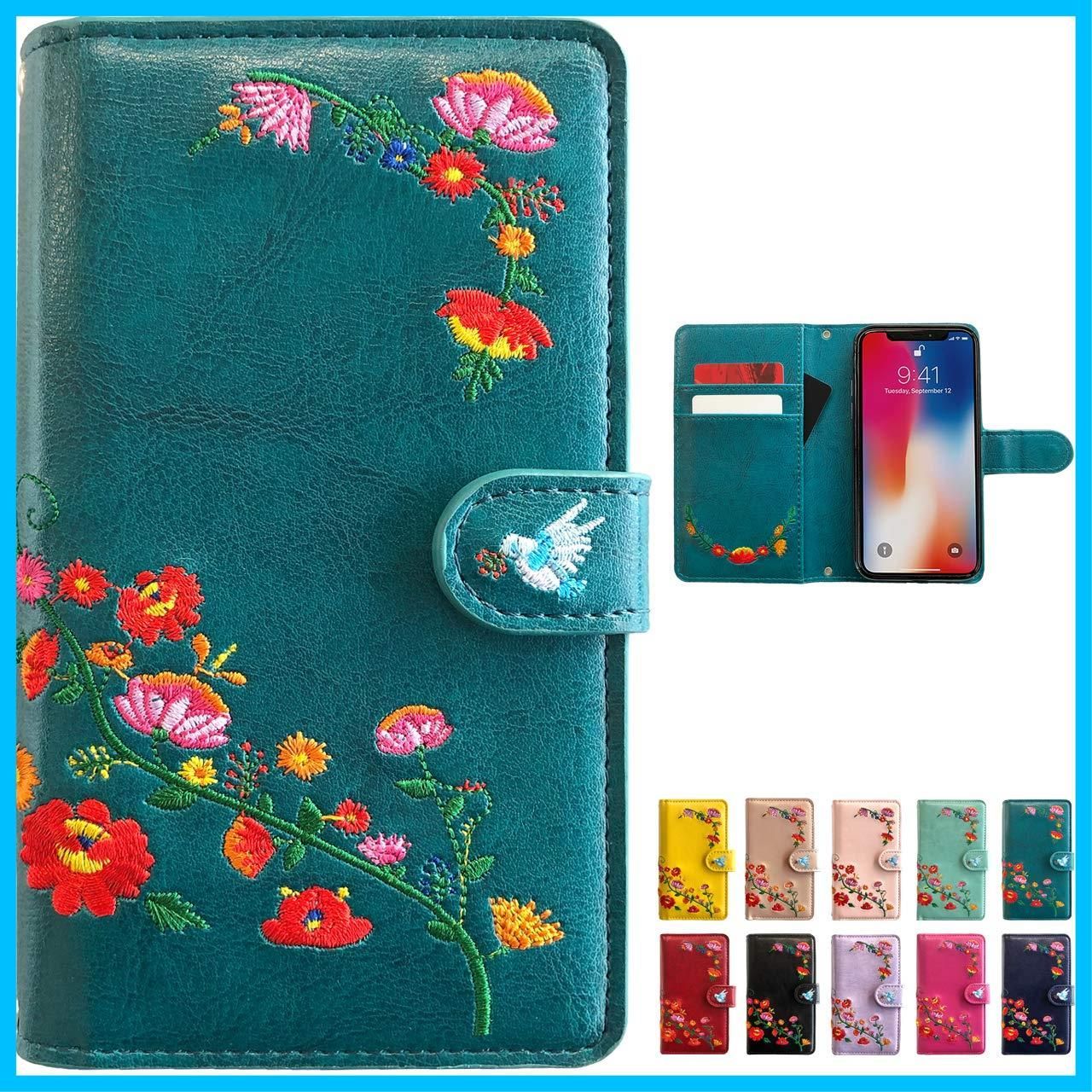 【在庫セール】らくらくスマートフォンme f01l スマホケース f42a 手帳型 カバー スタンド機能 ケース 花刺繍 内側黒TPU 用 F-42A F-01L turquoise me らくらくスマートフォン