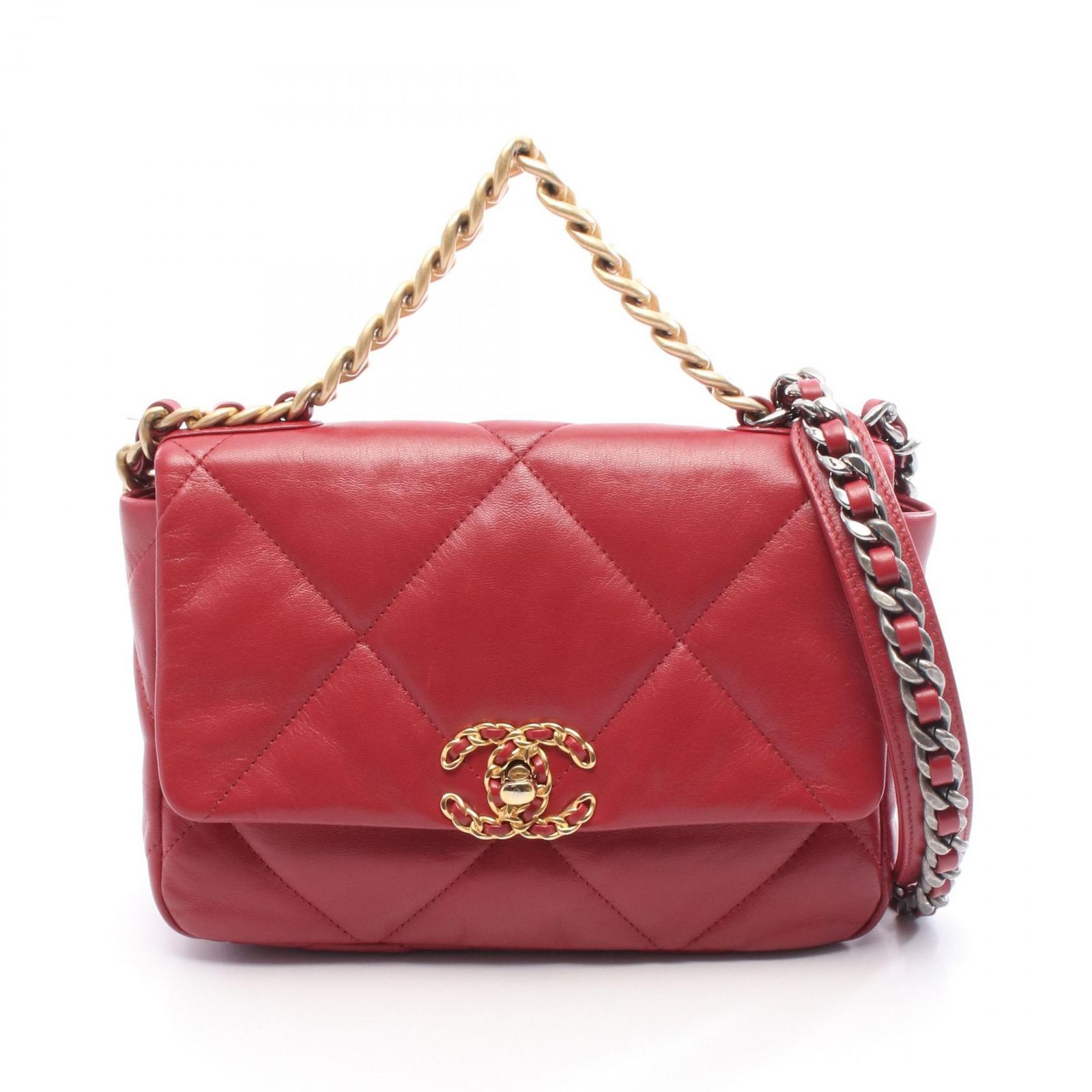 シャネル CHANEL ショルダーバッグ 19 ディズヌフ マトラッセ レッド レザー CHANEL19 マトラッセ チェーンショルダー レディース Used A